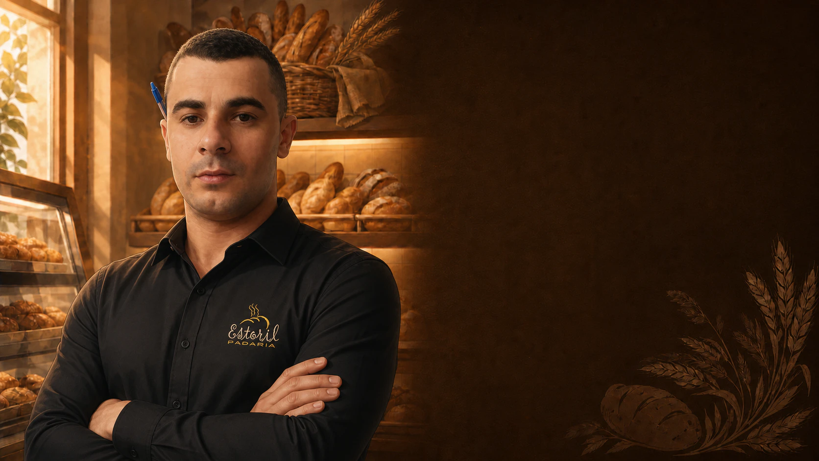 Juciê, chefe e atendente do delivery da Padaria Estoril, de braços cruzados e com uma caneta atrás da orelha